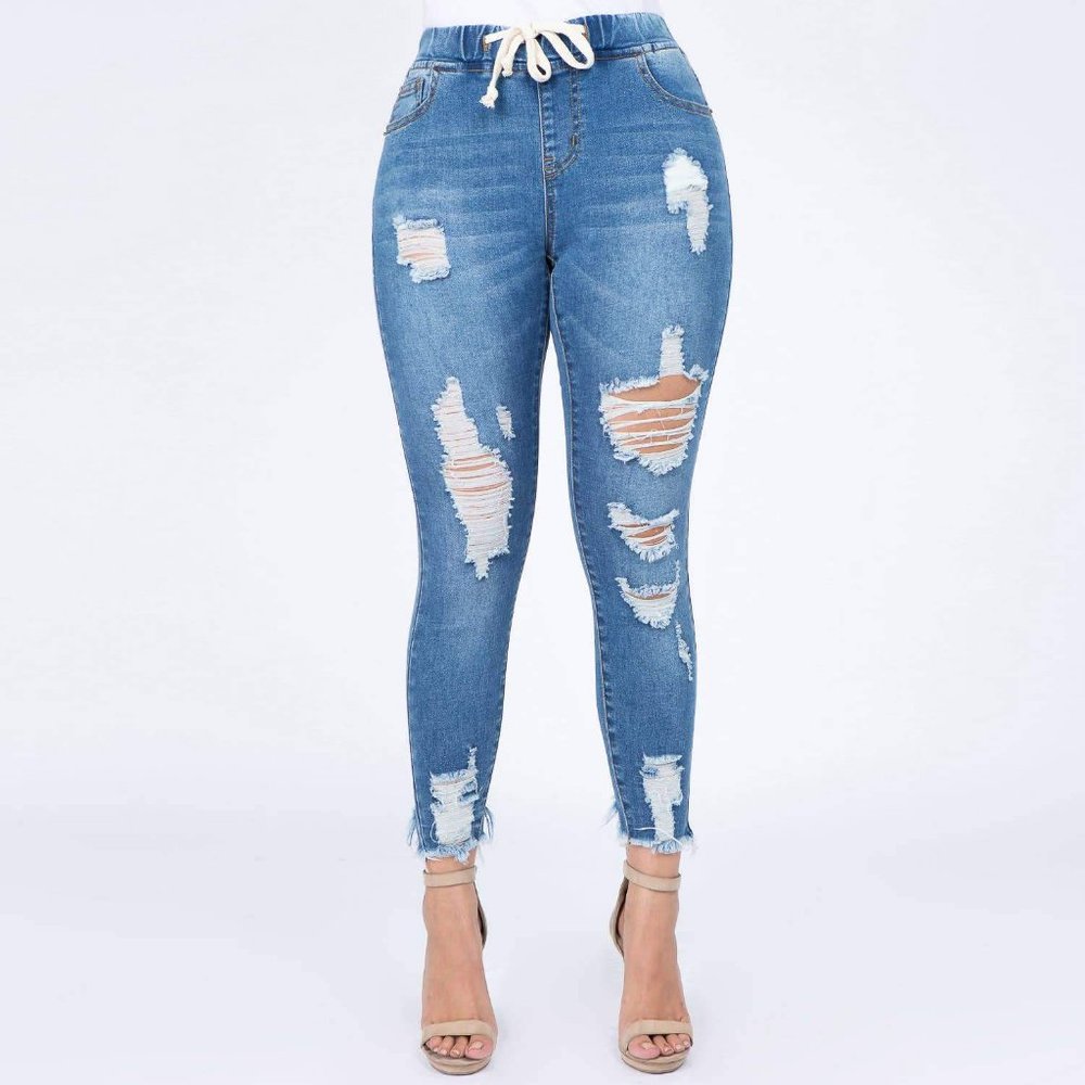 AMERICAN BAZI PLUS SIZE DENIM JOGGERS  DRAWSTRINGS